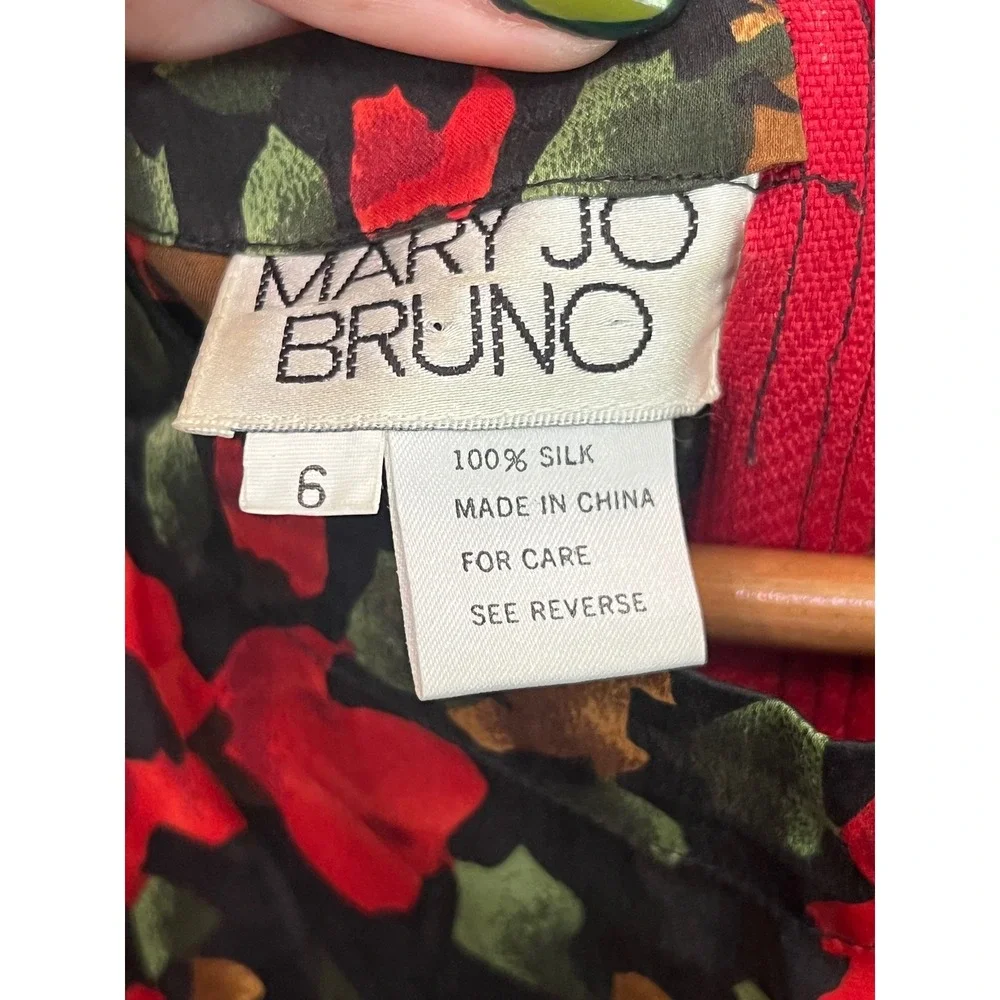 Mary Jo Bruno Vintage 90s Silk Floral Tomato Red Handkerchief Hem Dress 6